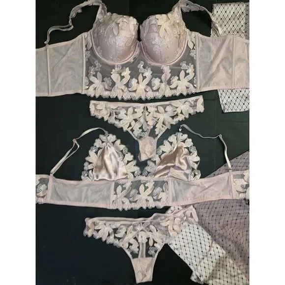 Victoria's Secret longline 36C BRA SET+BRALETTE+ROBE dusty pink taupe APPLIQUE - Picture 5 of 11